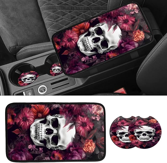 JANENFNA Car Armrest Cover Pads Universal Fashion Cute Auto Center Console Armrest Cover Pad with 2PCS Car Coasters Soft Waterproof Car Armrest Seat Protector for Women,Skull Red Flowers
