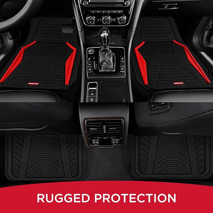 Rubbermaid Car Mat Full Set All-Weather Heavy-Duty 4 Pieces– Trim-to-Fit Universal Car Mats Full Set – Waterproof Rubber Floor Liners for Most Trucks, SUVs, Vans, and Sedans-Red