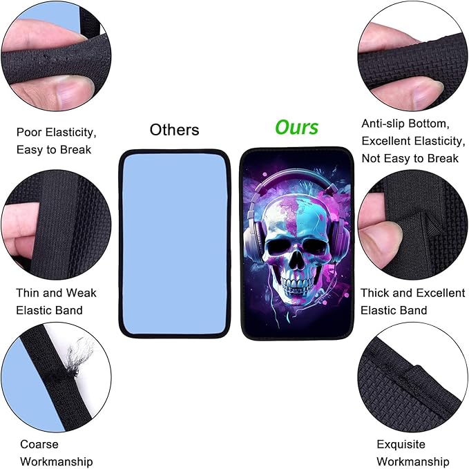 JANENFNA Car Armrest Cover Pads Universal Fashion Cute Auto Center Console Armrest Cover Pad with 2PCS Car Coasters Soft Waterproof Car Armrest Seat Protector for Women,Headphone Skull