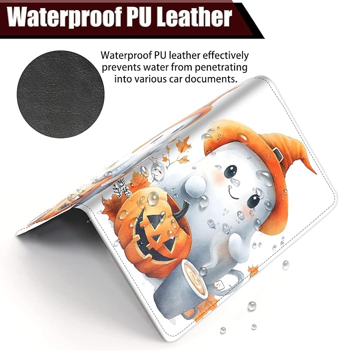 Car Registration Holder, PU Leather Vehicle Glove Box Organizer for Driver License, Document, Car Insurance Holder with Magnetic Shut, Auto Paperwork Wallet Case Accessories, Cute Ghost Pumpkin