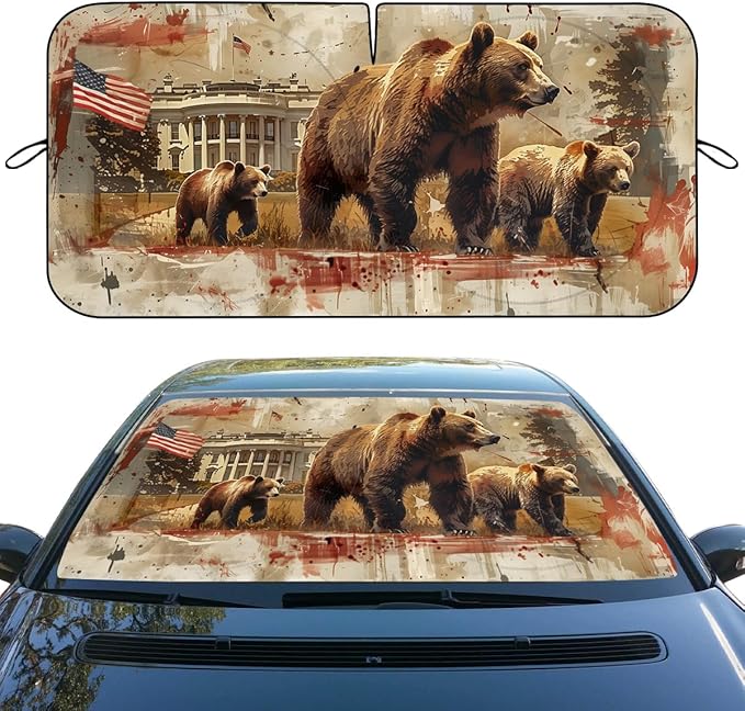 Brown Bears Car Windshield Sunshades Wildlife Animals White House USA Flag Front Window Sun Shade Blocks UV Rays Sun Visor Protector for Car Sedan Truck SUV Accessories 59" L x 31.5" W
