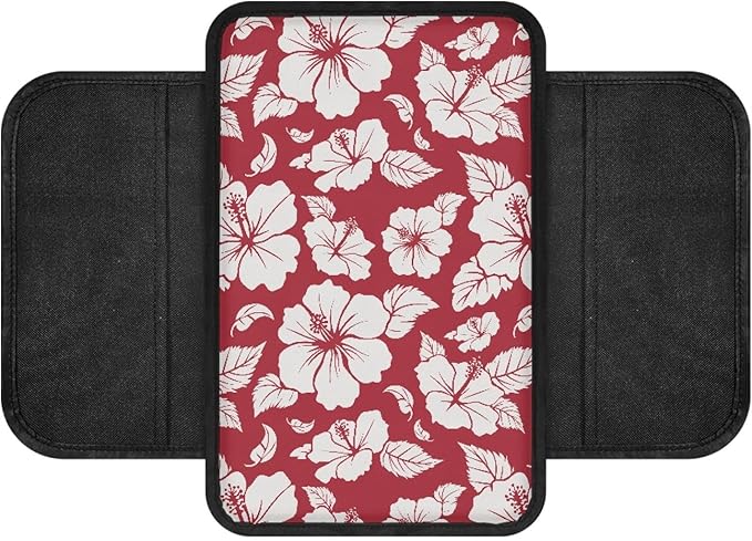 CLOHOMIN Red Hibiscus Car Armrest Cover with Pockets Floral Automotive Armrest Pad Polyester Car Center Console Armrest Cushion Cover Auto Accessories with Storage Pockets