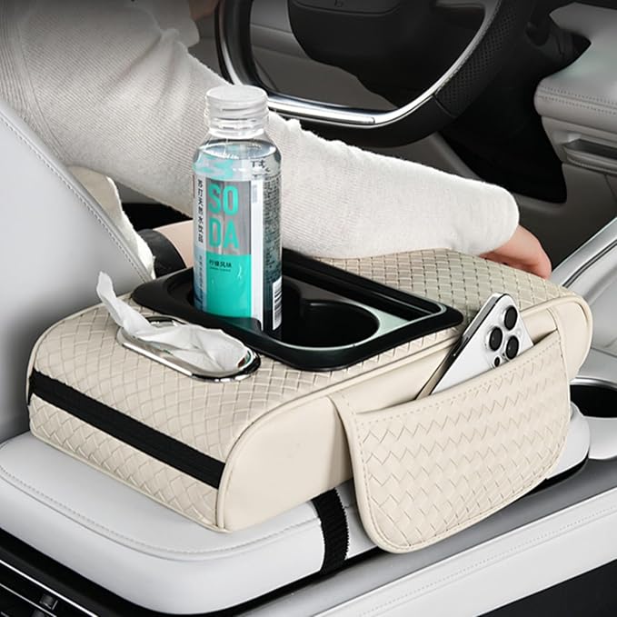 Car Armrest Cushion Cover Car Center Console Memory Foam Booster Pad with Storage Pocket and Tissue Hole for Sedan Vehicle (Cupholder - Beige, 13.39 * 7.68 * 2.95'' / 34 * 19.5 * 7.5cm)