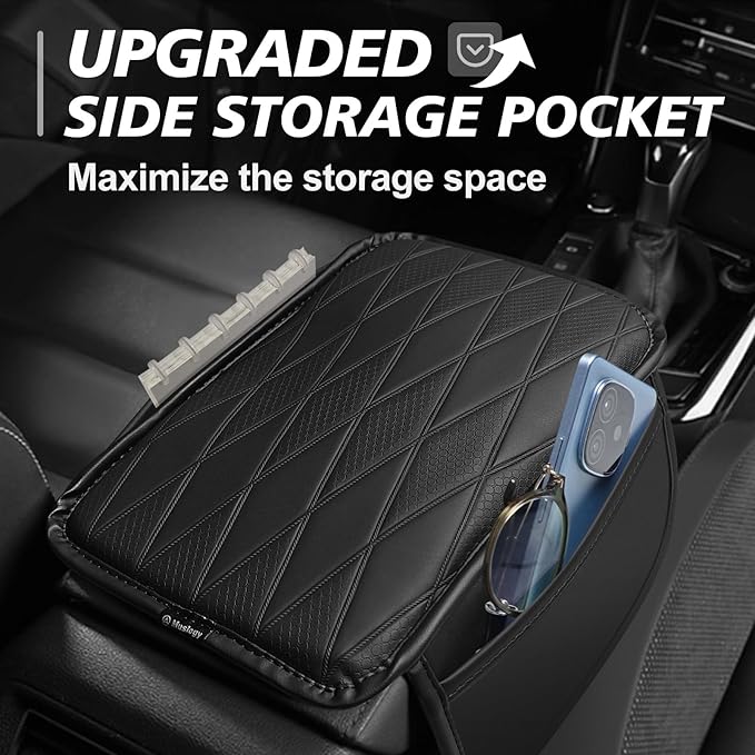 Muslogy Center Console Universal Armrest Cover Compatible with Most Vehicle, Truck, SUV, Sedan, Comfort Armrest Pad Anti-Slip Arm Rest Cushion Vegan Leather Protector Black(11.8 inches*7.9 inches)