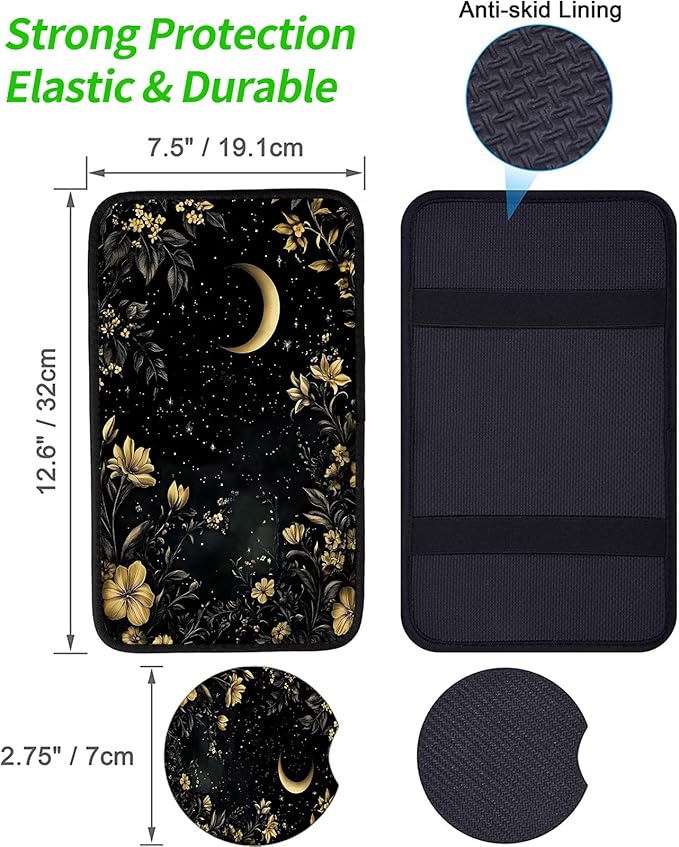 JANENFNA Car Armrest Cover Pads Universal Fashion Cute Auto Center Console Armrest Cover Pad with 2PCS Car Coasters Soft Waterproof Car Armrest Seat Protector for Women,Moon and Flowers