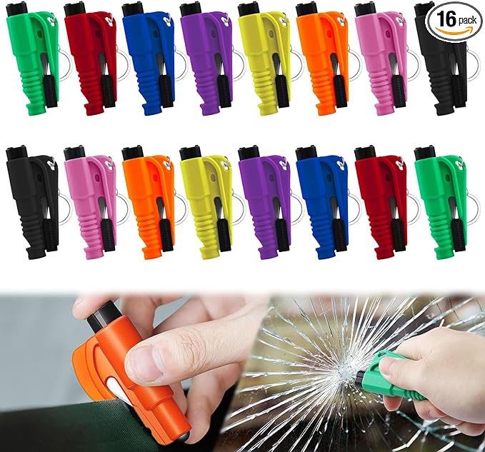 JINRUITOP 16Pcs Car Window Breaker Key Chains, Portable 3 in 1 Glass Breaker/Seat Belt Cutter/Survival Whistle, Safety Emergency Escape Tools, Multifunctional Car Accessories for All Vehicles