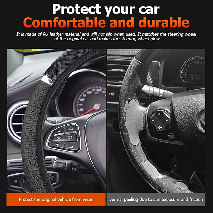 Car Steering Wheel Cover, PU Leather Elastic Vehicle Steering Wheel Protector, 14.5-15 Inches Non Slip Automotive Interior Steering Wheel Accessories, Universal Fit (Black)
