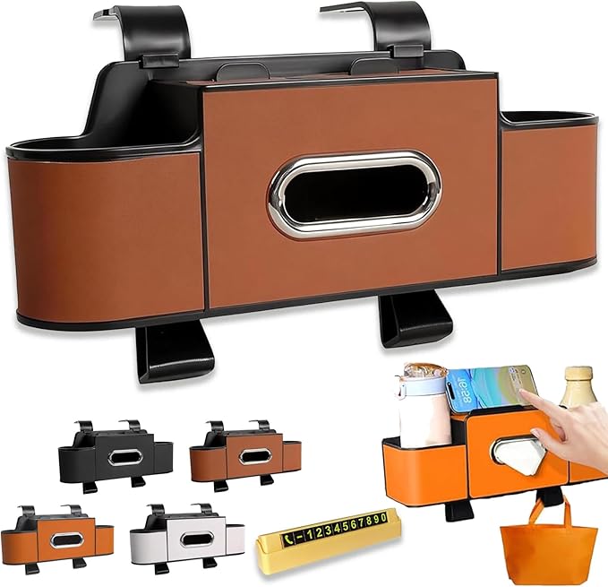 Multifunctional Car Organizer and Storage Box, 3-in-1 Car Backseat Organizer with 2 Cup Holders & Hooks, Back Seat Car Organizer for Most Vehicles, for Hold Phones/Snacks/Drinks/Handbags (Brown)