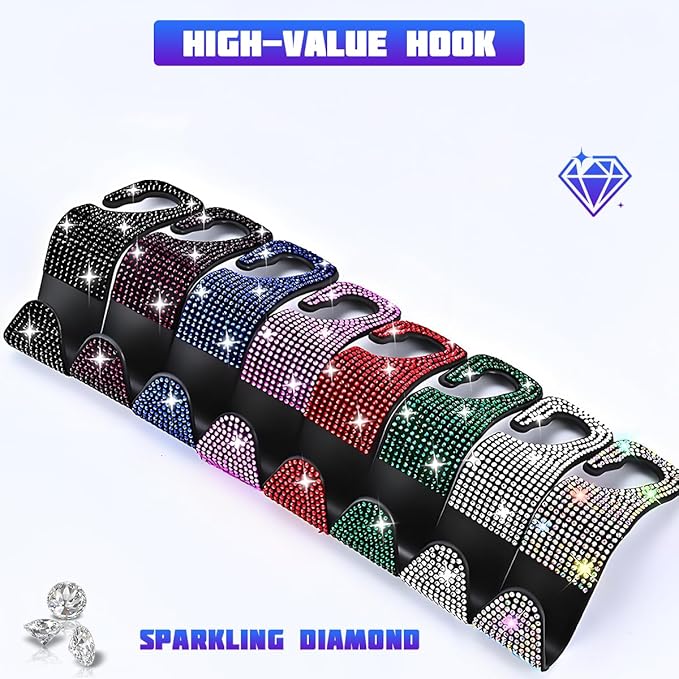 Bling Car Seat Headrest Hooks, 4PCS Crystal Rhinestone Vehicle Back Seat Hanger Holder for Handbags Purses Coats, Automotive Headrest Storage Organizer, Universal for RV SUV Truck (Green)