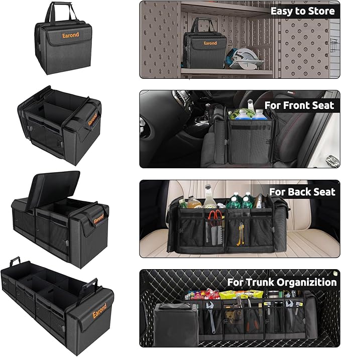 EAROND Large Trunk Organizer with Portable Leakproof Cooler Bag,Foldable Cover,Adjustable Securing Straps,Collapsible Trunk Organizer for Suv Car Truck Sedan (4-in-1 with Cooler)