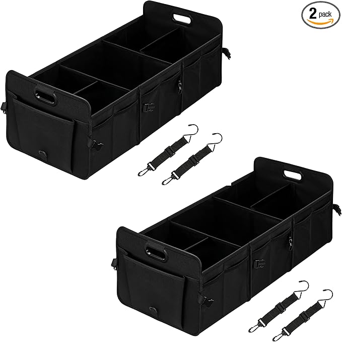 Simple Deluxe Car Trunk Organizer, Multi Compartments Collapsible Trunk Storage, Anti-slip, Waterproof 600D Oxford Polyester, with Adjustable Straps for SUV, Truck, Large Size, Black, 2 Pack