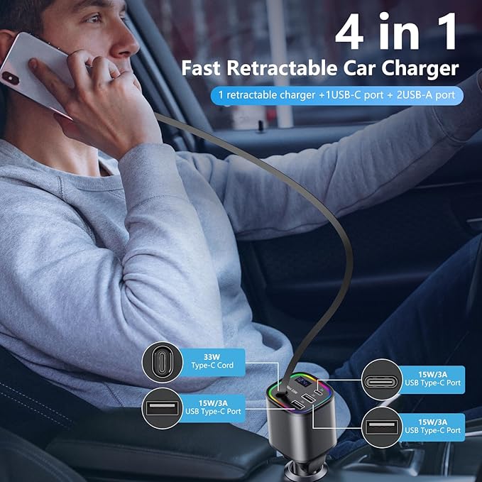 Retractable Car Charger, 4 in 1 Fast Car Charger 78W, with Type C, 2 USB-A Ports and 1 USB-C Port for Fast Charging, Compatible with iPhone 16/15/14/13/12/11, Galaxy, Pixel (Grey)