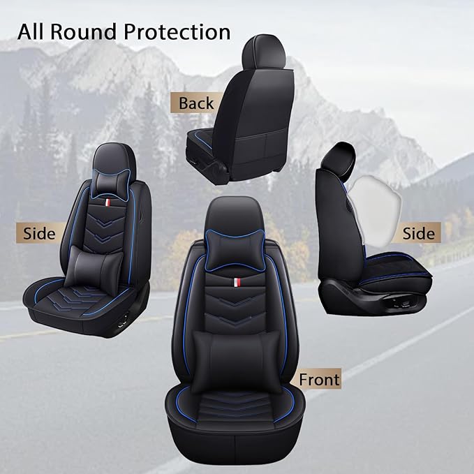 MVRVMV Luxury Car Seat Covers for GMC Acadia 2007-2026, Nappa Leather Auto Seat Cover with 2 Neck Pillows and 2 Lumbar Supports (2 Seat Luxury, Black-Blue)