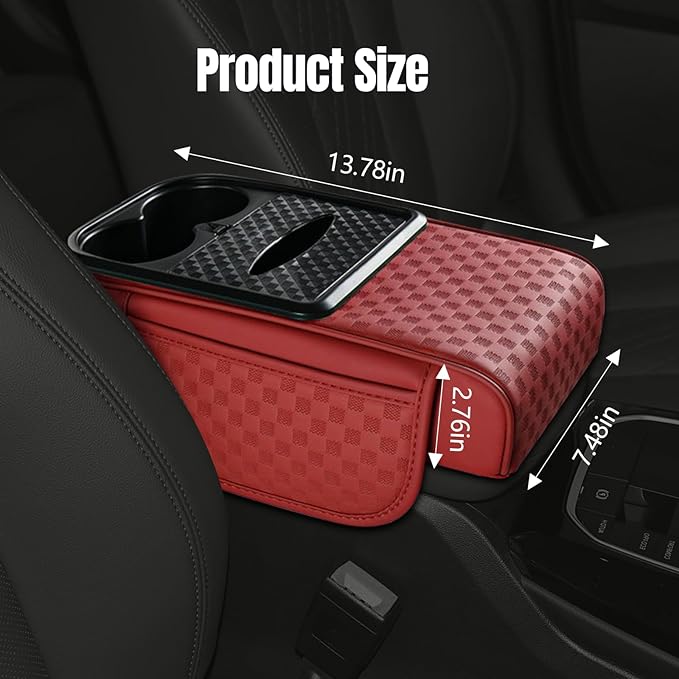 Hovom Car Center Console Armrest Pillow, 13.78"×7.48"×2.76" Leather Arm Rest Cover for Cars, Multifunctional Auto Armrest Cushion Pad with Pocket, Tissue Box & Cup Holder, Car Accessories (Wine Red)