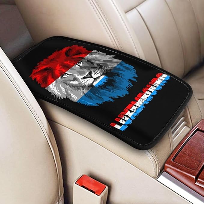 Vintage Luxembourg Luxembourger Flag Lion Head Auto Center Console Armrest Cover Car Handrail Box Cushion Pad Mat Universal Fit Most Vehicle Sedan Truck SUV Soft Comfort Decor Accessories