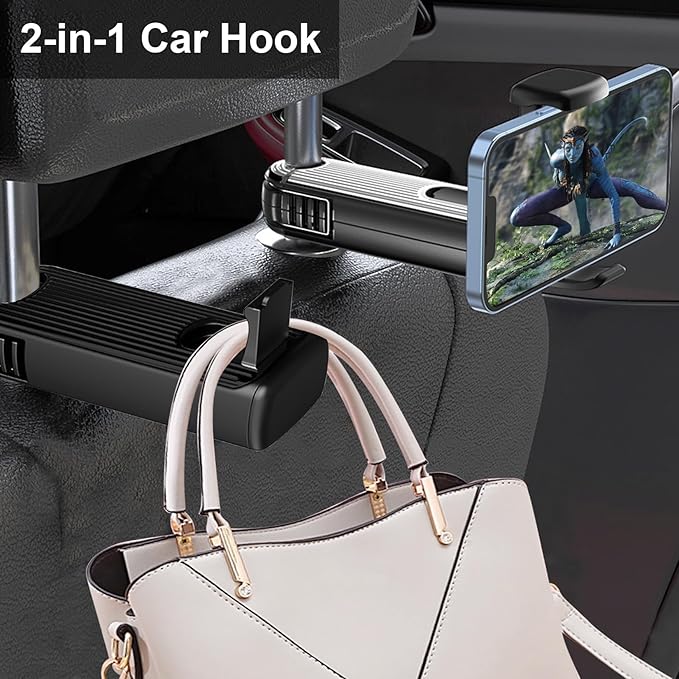 Back Seat Headrest Hooks - New Upgraded 2 in 1 Hidden Car Hook With Phone Holder, Universal 360 Rotation for Purses and Bags (Black - 1PCS)