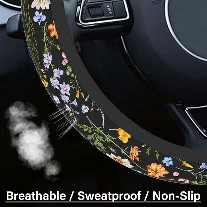 Car Steering Wheel Cover for Women Men, Non-Slip Breathable Steering Wheel, Wildflower Steering Wheel Protector, Car Accessories, Universal 14" 02/2-15" Fit Auto, Suvs