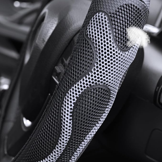 Elantrip Leather Steering Wheel Cover Great Grip with 3D Honeycomb Anti-Slip Design, Universal 15.5-16 inch Car Wheel Protector Black and Gray