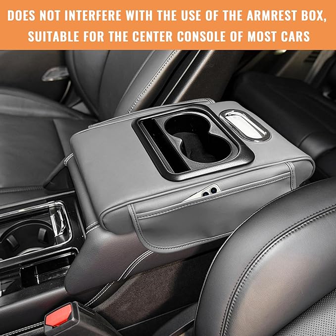 Car Center Console Armrest Pillow, 5-in-1 Armrest Cushion w/ 2 Side Bags, Tissue Box Slot, Cup & Phone Holder, Multifunctional Leather Auto Arm Rest Cover Storage Organizer (Gray, Normal)