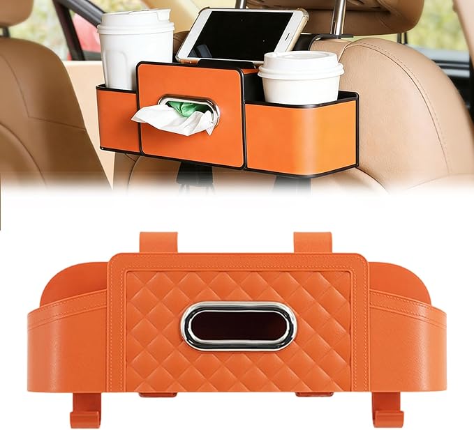 NOSBING Car Organizer And Storage Box, Back Seat Car Organizer, 5 in 1 Multifunctional Car Back Seat Storage Box with Drink Cup Holder Tissue Box, for Hold Phone,Snacks, Drinks, Handbag (Orange-B)