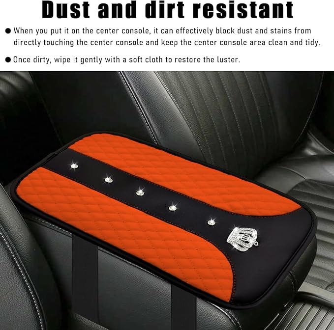 Bling Crown Car Center Console Mats, Anti-Slip and Waterproof Crystal Car Armrest Pad Protector, Universal Rustproof Armrest Decor Cushion for Cars & SUVs, Car Accessories (Orange)