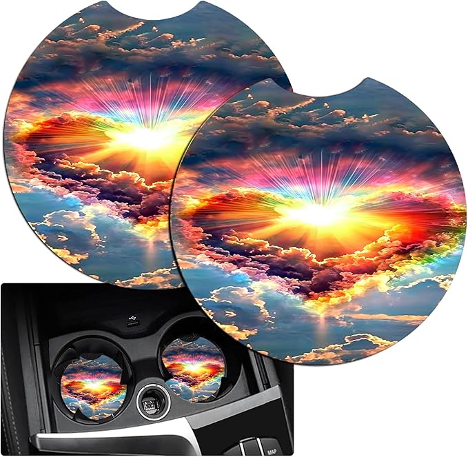 JANENFNA Car Armrest Cover Pads Universal Fashion Cute Auto Center Console Armrest Cover Pad with 2PCS Car Coasters Soft Waterproof Car Armrest Seat Protector for Women,Rainbow Heart Clouds