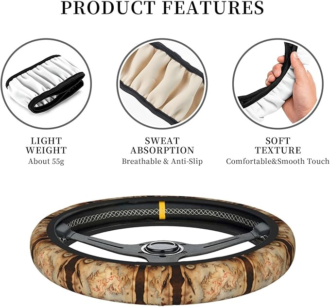 Treasure Hunt Map-Pirate Universal Fit Steering Wheel Cover for Car, Truck, and SUV, Durable Steering Wheel Protection