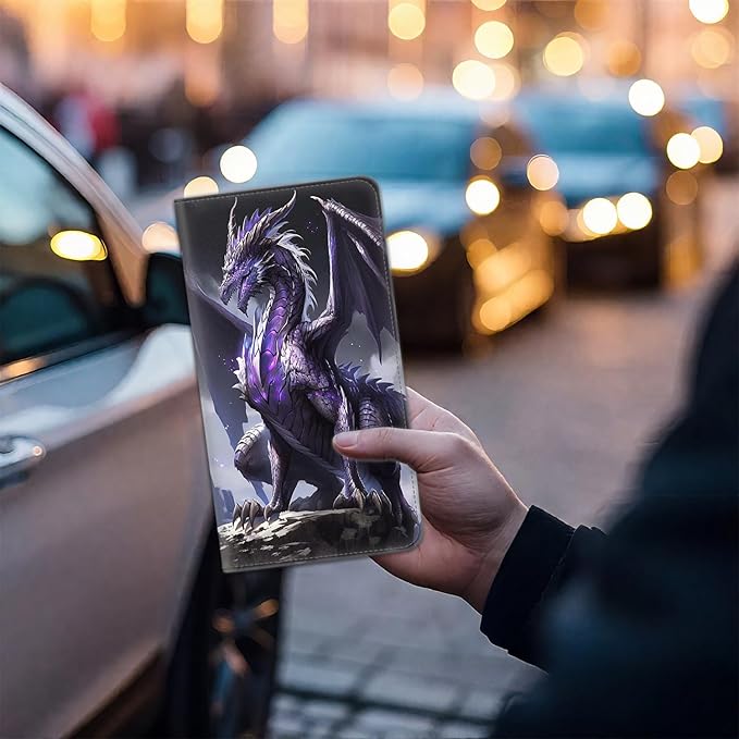 Car Document Holder with Magnetic Shut, Car Registration & Insurance Card Holder, Waterproof PU Leather Glove Box Organizer Vehicle Accessories Driver License for Women/Men, Purple Dragon Pattern