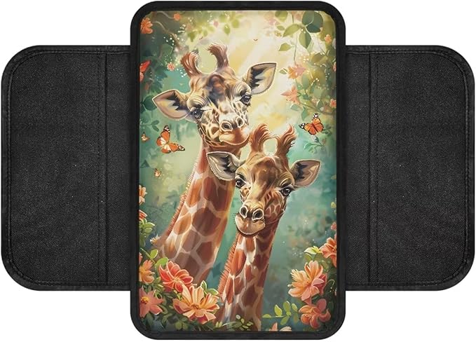 BIGCARJOB Personalized Armrest Cover for Car Center Console,Animal Giraffe Print Car Center Console Cover Automotive Car Armrest Cover Cushion with Side Pockets,Universal for Most Cars