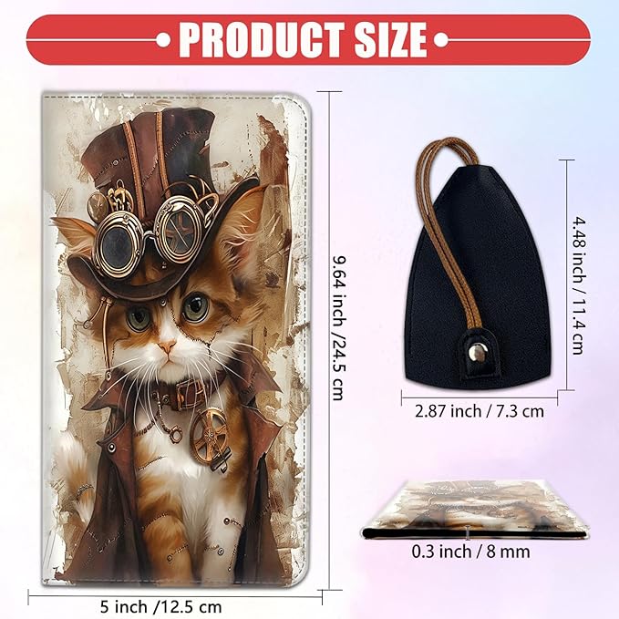 Car Registration Holder, Waterproof PU Leather Vehicle Card Document Glove Box Organizer, Women Interior Auto Accessories Case for Cards, Driver License Car Insurance Holder, Steampunk Cat Pattern