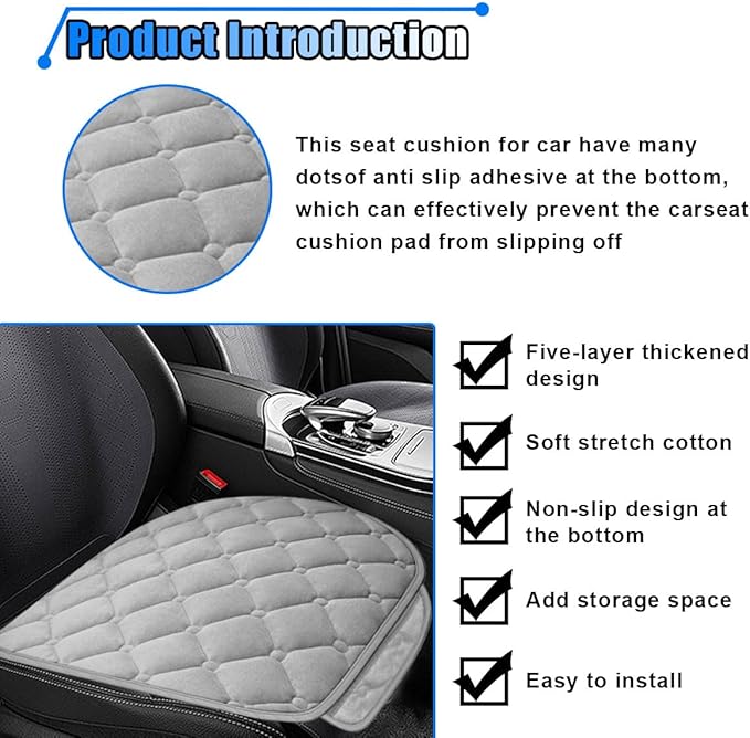 Car Seat Cushion, Soft Plush Vehicle Driver Seat Pad with Storage Pocket, Non-Slip Rubber Bottom, Universal Seat Protector Cover for Truck, Car, SUV, Home, Office, Chair (Grey)