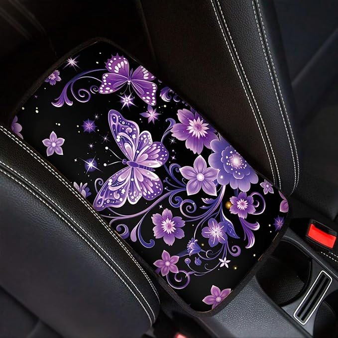 Purple Butterfly Car Center Console Cover Soft Arm Rest Cover Car Easy to Install Cars Interior Automotive Universal Size Fit for Most Cars SUVs Trucks Vans