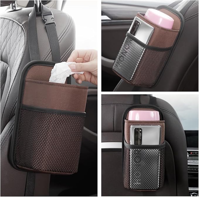 2 in 1 Large Car Cup Holder, Multifunctional Vehicle Seat Side Water Bottle Storage Hanging Bag with Mesh Pocket, Auto Interior Seat Side Organizer, Universal Fit (Medium/Brown)