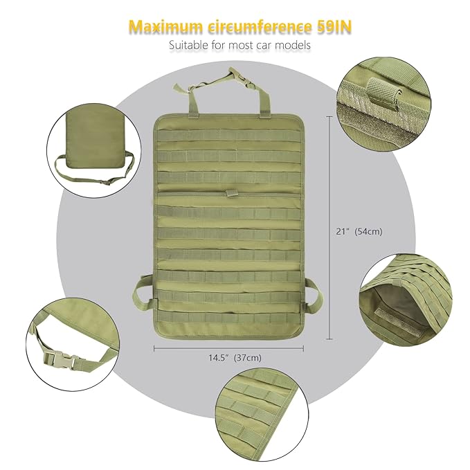 Universal Tactical Car Seat Back Organizer Bag Tactical Molle Vehicle Organizers Panel Gear Accessories with 5 Different Size Molle Pouches for Car Truck Ford Jeep Vehicle (A style-Military green)