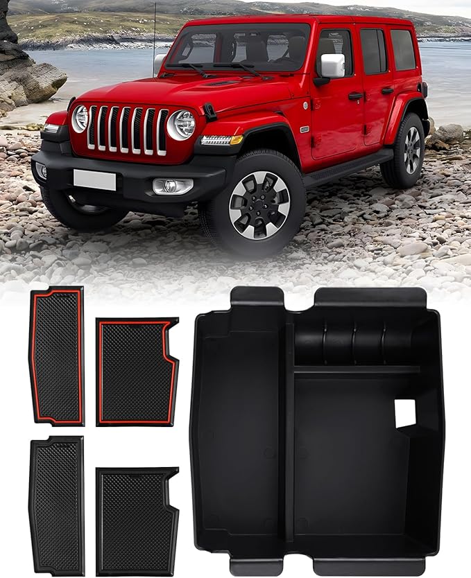 FIILINES Center Console Organizer for Jeep Wrangler JL JLU 2018-2024/ Gladiator JT 2020-2023/ 4XE 2021-2023, Center Console Tray Secondary Armrest Storage Box ABS Insert Container with Anti-Slip Mats