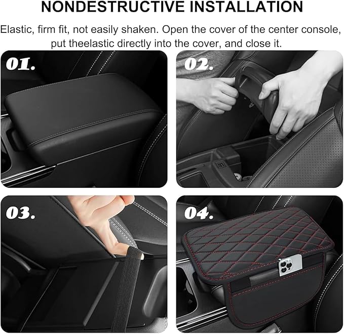 Car Armrest Cushion for BMW iX X1 X2 X3 X4 2004-2025, Center Console Covers Pad Leather Accessories, Arm Rest Protector Mat with Side Storage Bag for SUV/Sedan/Truck, B/Black-Red