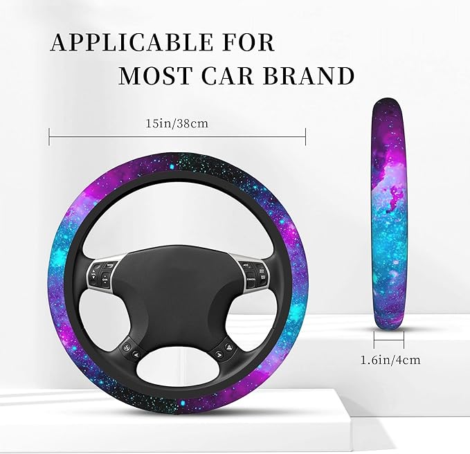 Blue Galaxy Steering Wheel Cover for Women Men Girls, Universal 15 Inch Purple Anti Slip Steering Wheel Protector Car Accessories Interior for Auto Truck SUV