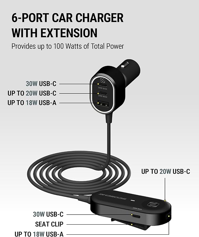 Scosche CPD100EX-VA1 Six Port 100W USB Car Charger Fast Charging Adapter PD 30W & 20W USB-C Ports & 18W USB-A Port, Travel Charger for Multiple Devices with 5FT extension Cable for iPhone 15, iPad Pro