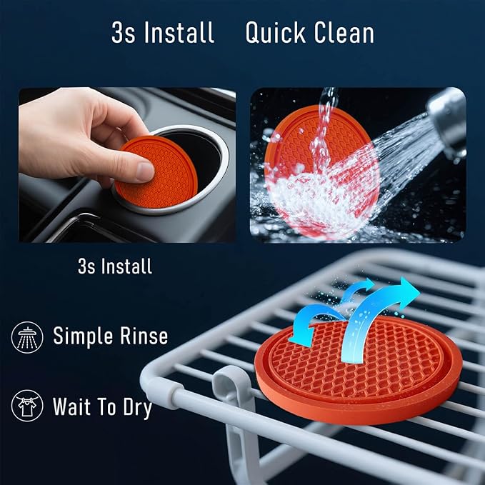 KULOLO Car Cup Holder Coaster 4 Pack - Non Slip & Shockproof,Flexible PVC Rubber Insert for Car/Truck/SUV/Van (2.75"x0.2") Universal Fit Auto Cup Holders Accessories for Women and Man (Orange)