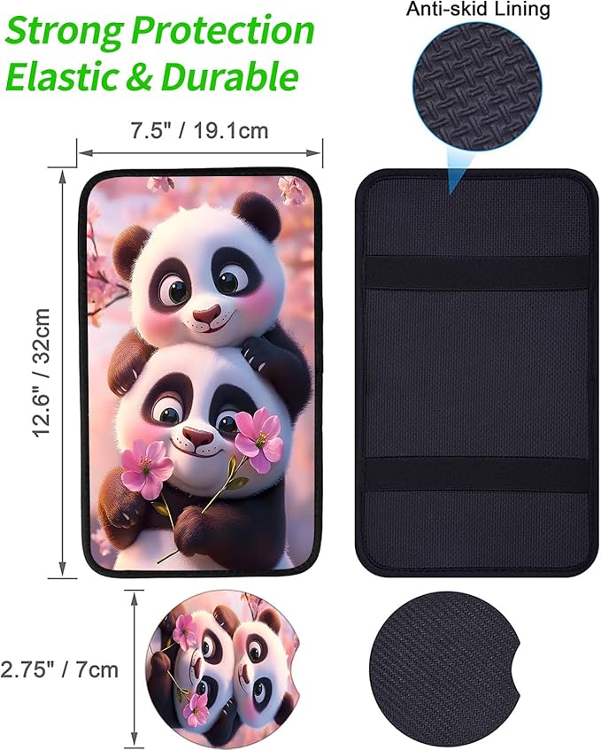 JANENFNA Car Armrest Cover Pads Universal Fashion Cute Auto Center Console Armrest Cover Pad with 2PCS Car Coasters Soft Waterproof Car Armrest Seat Protector for Women,Cute Panda