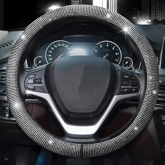 Valleycomfy Steering Wheel Cover for Women Men Bling Bling Crystal Diamond Sparkling Car SUV Wheel Protector Universal Fit 15 Inch (Black with White Diamond,Standard Size(14" 1/2-15" 1/4))