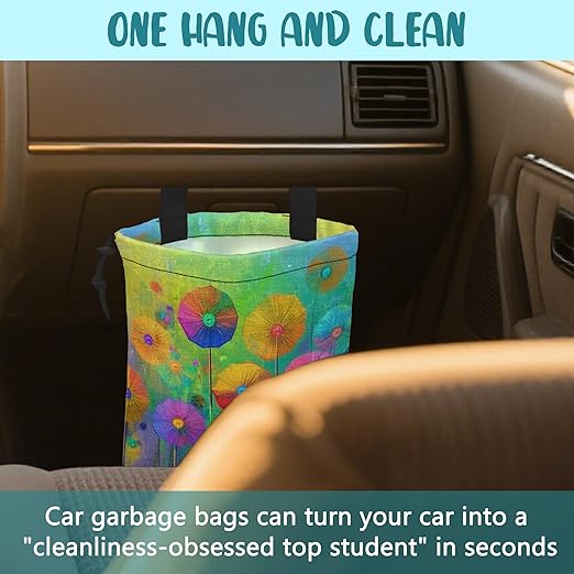 KXWQTRDD Car Garbage Bag Abstract Colorful Flowers Hanging Canvas Car Trash Bag Drawstring Car Back Seat Organizer for Car Back Front Seat Console with Adjustable Buckle