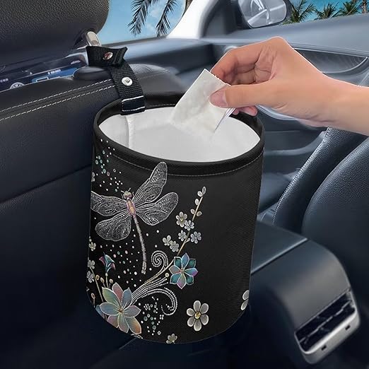Dragonfly Trash Can for Car Car Garbage Can for Back Seat Leak Proof with Adjustable Buttons Car Accessories for Women Interior