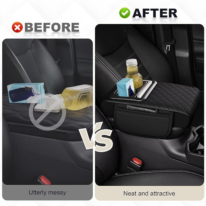 Center Console Cover Fit for RAV4 Faux Leather Car Armrest Cushion with Storage Bags, Cup Holder ＆ Phone Storage Multifunctional Middle Console Cover(Black)