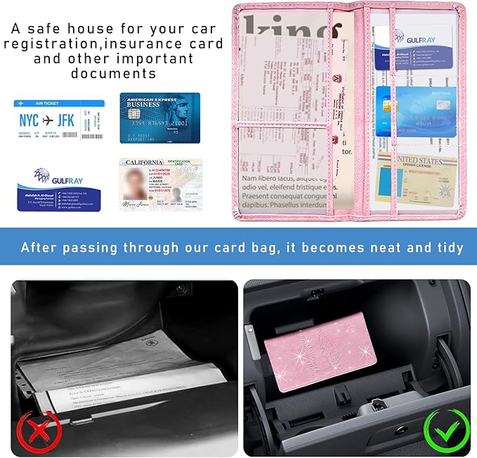 Ziciner Car Registration and Insurance Holder, Auto Card Document Glove Box Organizer with Magnetic Closure, Universal Vehicle Interior Accessories for Cars SUVs (Pink-Large)