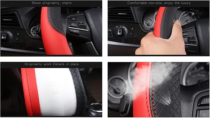 D Shape Car Steering Wheel Cover, Universal 15 inch Stitching Color Anti-Slip Steering Wheel Protector, Black and Red Sports Style (red Sports D Shape)
