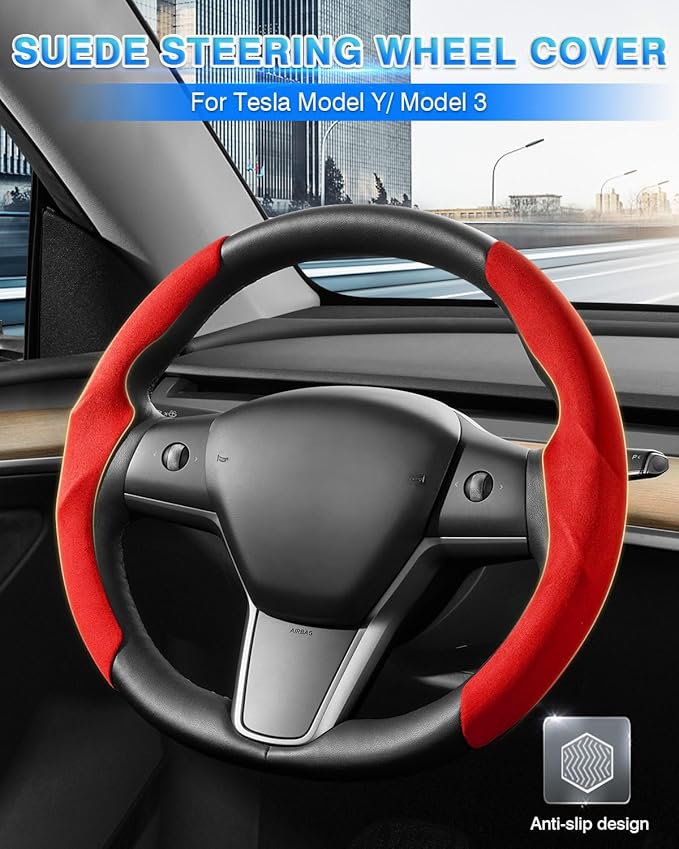 Shademax Custom-Fit for Tesla Steering Wheel Cover, Tesla Model Y/3 2017-2025 2026 (Fit Model Y Juniper 2026/ Model 3 Highland) Suede Steering Wheel Cover Non-Slip,Tesla Model Y/3 Accessories (Red)