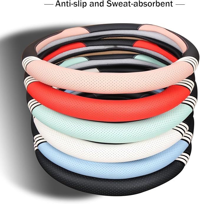 Cute Steering Wheel Cover D Shape for Women Men Breathable Universal 15 inch,Black and Red