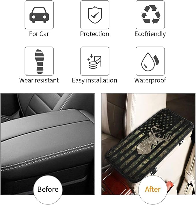DORKEIXIA Camo Camouflage American Flag Hunting Deer Auto Center Console Armrest Pad Universal Car Center Console Cover Seat Box Cover for Sedan, Van, SUV, Truck Car Accessorie