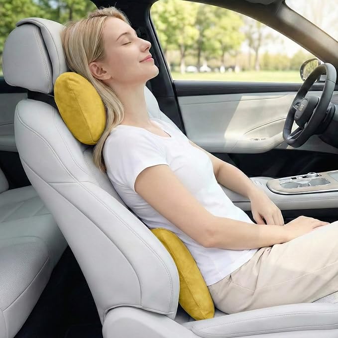 2PCS Car Pillow for Car Neck Pillow for Driving Seat Leather Neck Support Soft Cushion Back Support Head-Rests for Vehicle Sleeping with Elastic Adjustment Strap (Golden, Head and Lumbar)